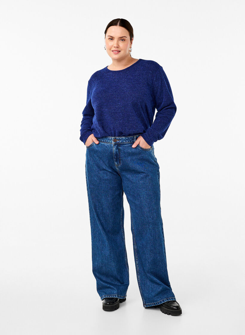 Melange-Pusero, jossa pyöreä pääntie ja pitkät hihat, Sodalite Blue, Model image number 2