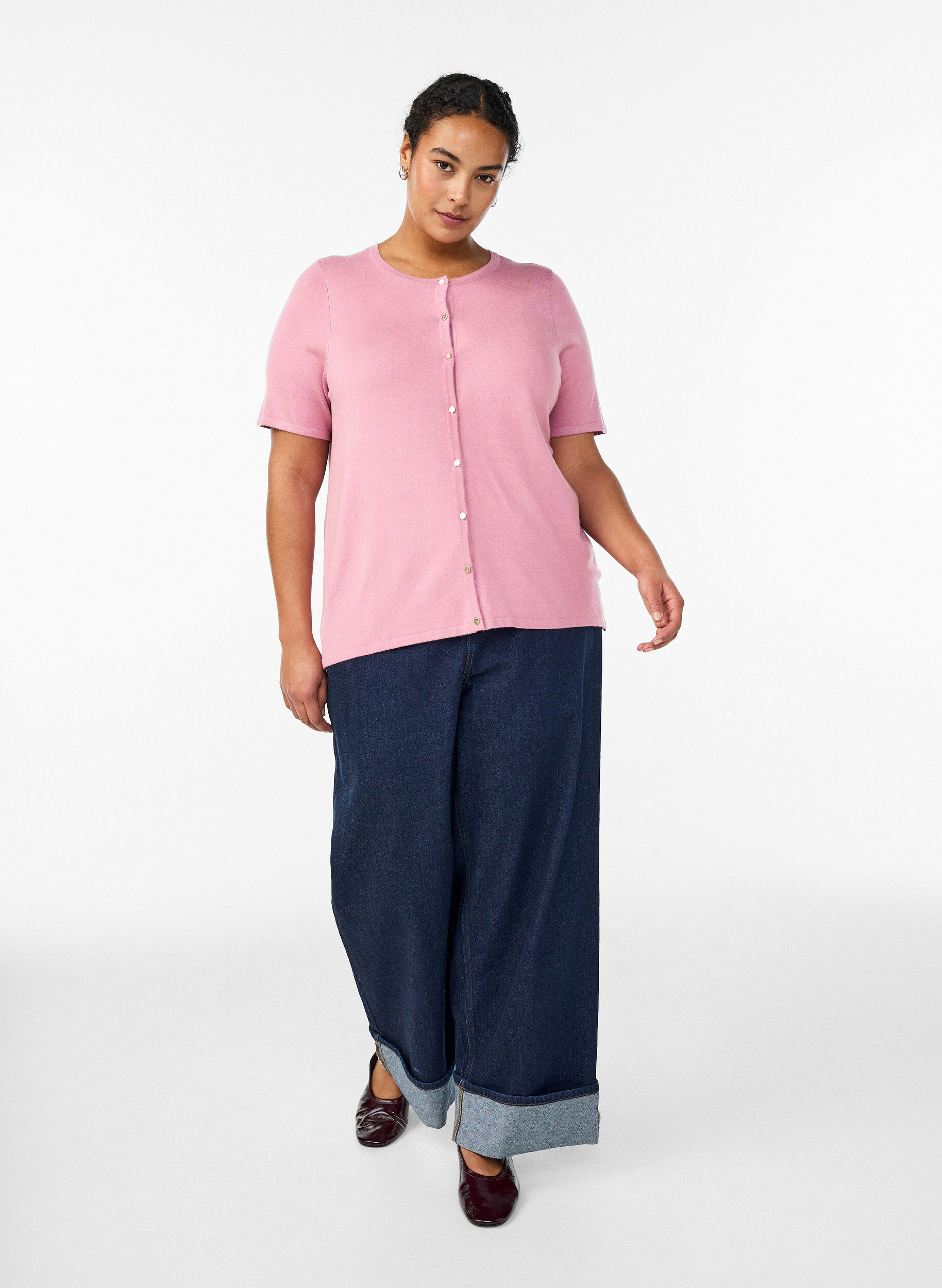 Zizzi Lyhythihainen neuletakki viskoosista, Vaaleanpunainen, Model image number 1