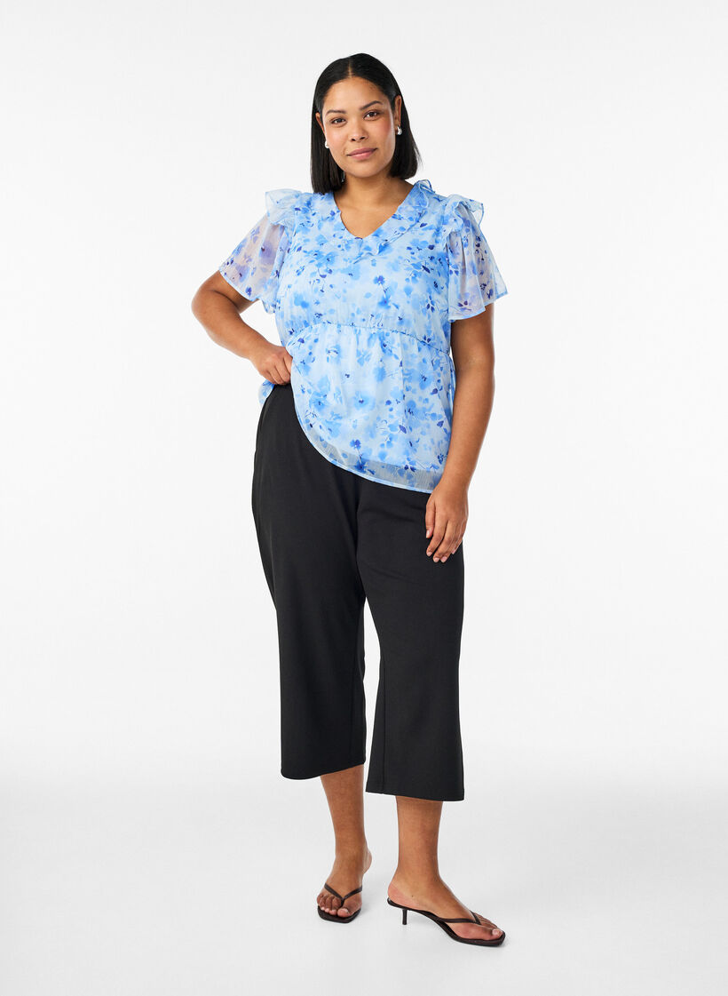 Kukkakuvioinen pusero r&ouml;yhel&ouml;kauluksella ja peplum-efektill&auml;, Sininen, Model image number 1