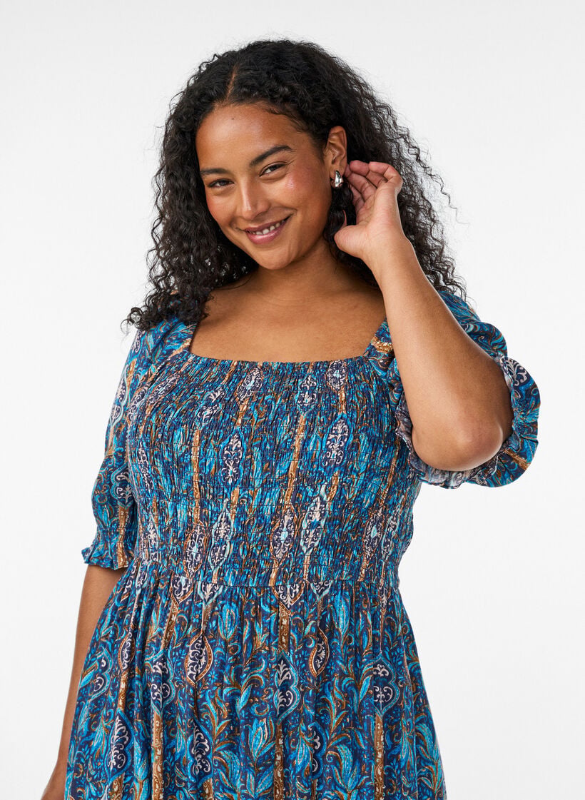 Kes&auml;mekko viskoosista paisley-kuosilla, Sininen, Model image number 2