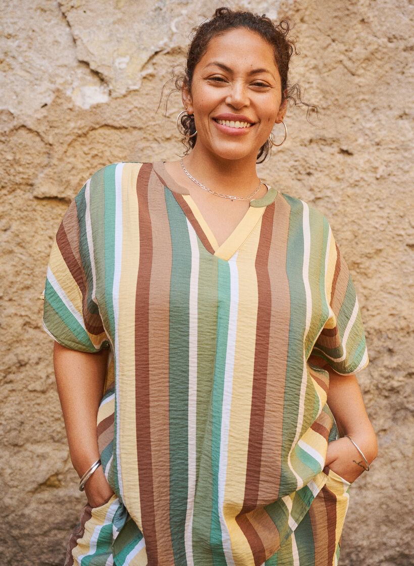 Raidallinen viskoosipusero lyhyill&auml; hihoilla, Ruskea, Image image number 0