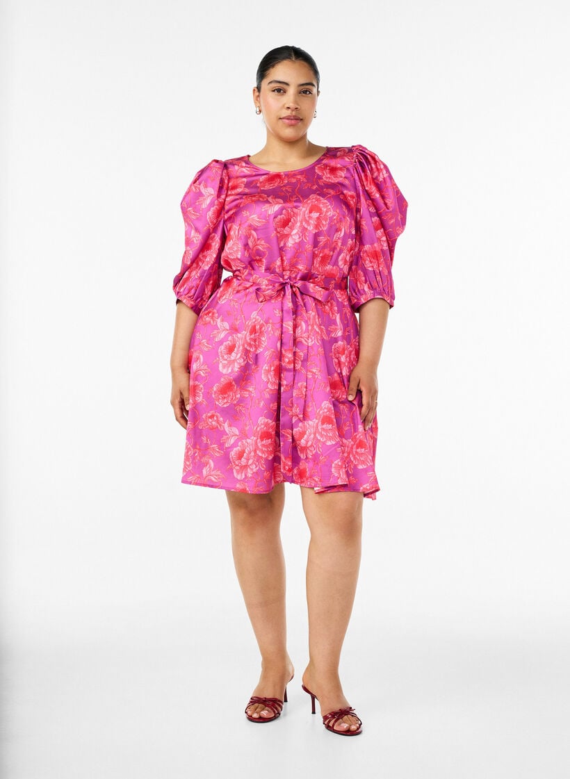 Kukallinen mekko puff-hihoilla ja solmittavalla vy&ouml;ll&auml;, Vaaleanpunainen, Model image number 1