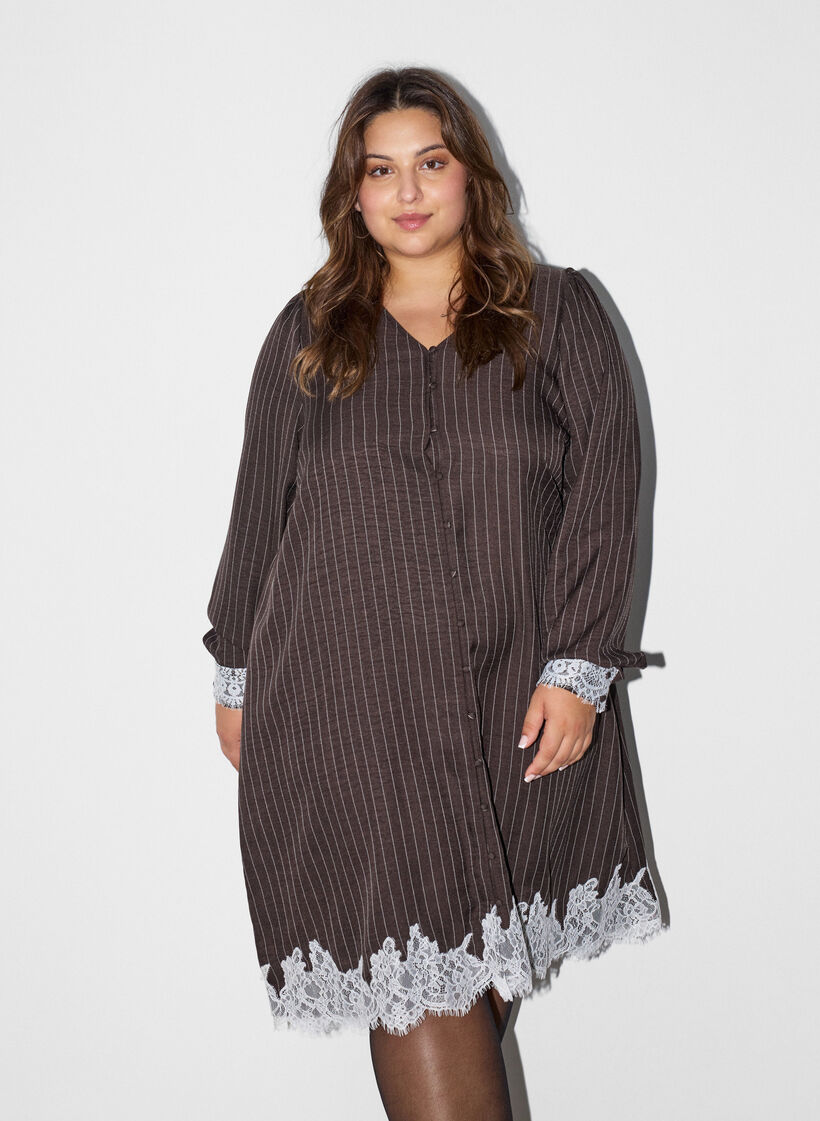 Polvipituinen mekko ohuilla raidoilla ja pitsireunuksella, Ruskea, Model image number 0