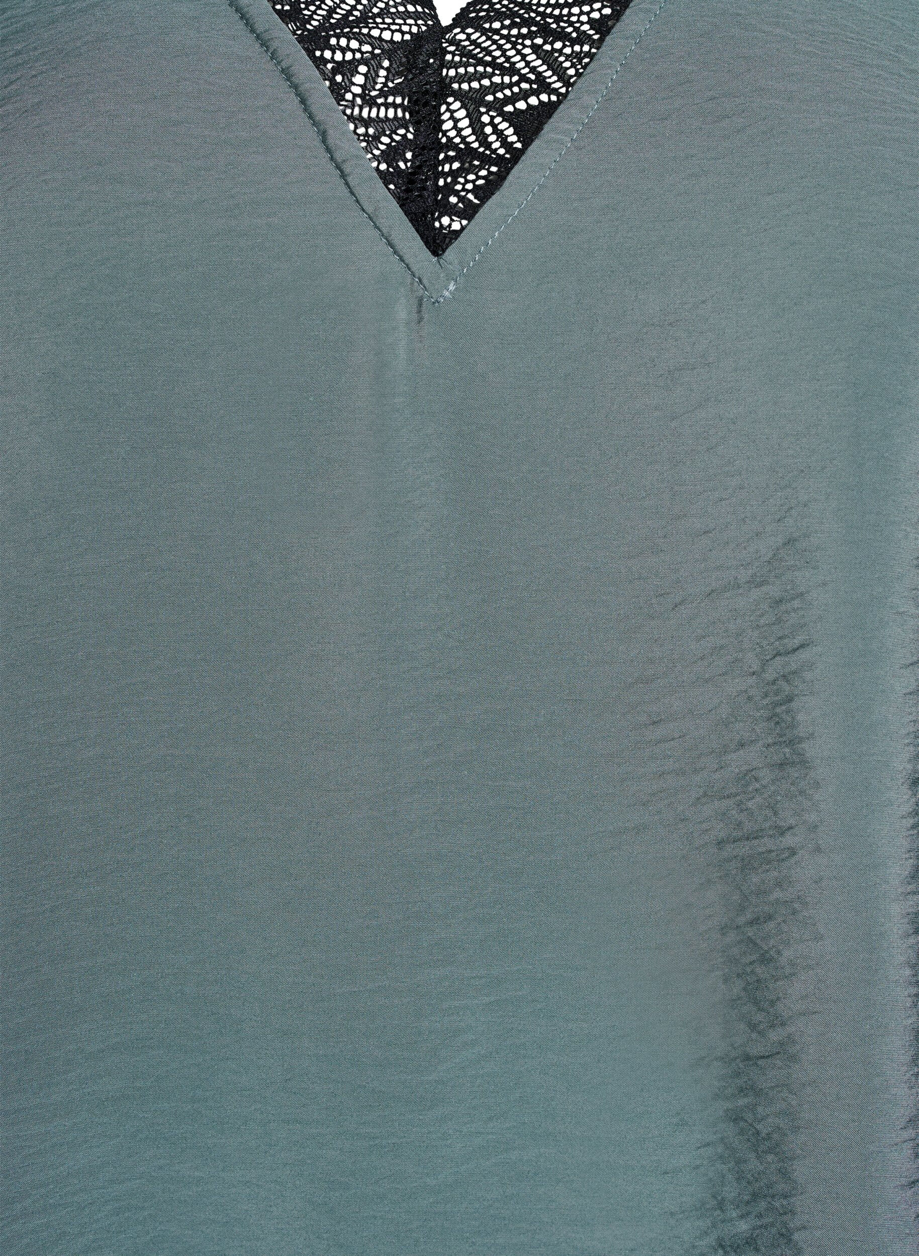 Zizzi Lyhythihainen viskoosipusero, jossa on pitsikoristeet, Vihre&auml;, Packshot image number 2