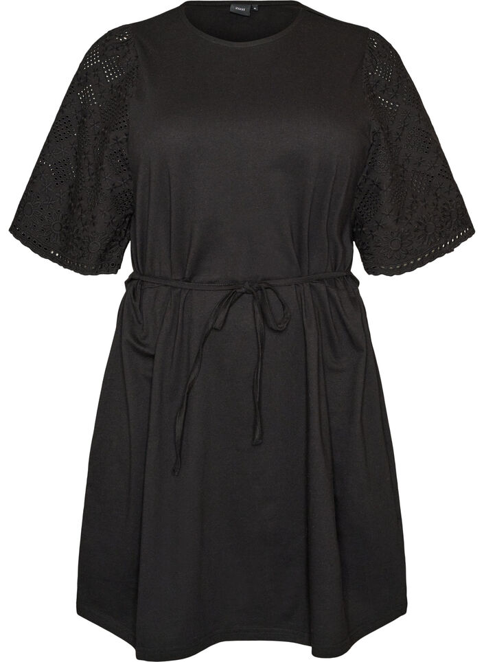 Puuvillamekko broderie anglaise -hihoilla ja vy&ouml;t&auml;r&ouml;nauhalla, Musta, Packshot image number 0