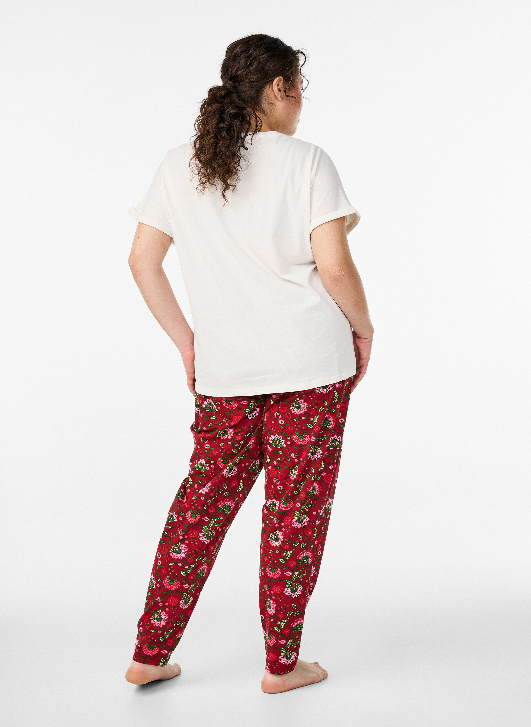 Zizzi Puuvillaiset pyjamahousut printill&auml;, Punainen, Model image number 1