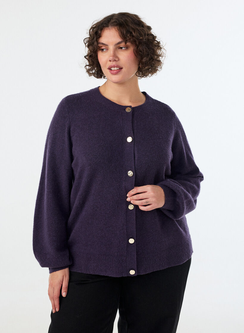 Neuletakki pehme&auml;st&auml; neuleesta kullanv&auml;risill&auml; napeilla, Violetti, Model image number 0