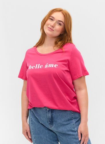 Lyhythihainen puuvillainen t-paita tekstipainatuksella, Fandango Pink, Model image number 0