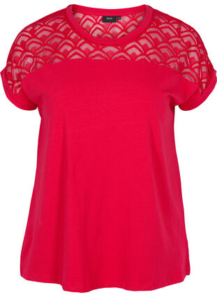 Lyhythihainen puuvillainen t-paita pitsillä, Tango Red, Packshot image number 0