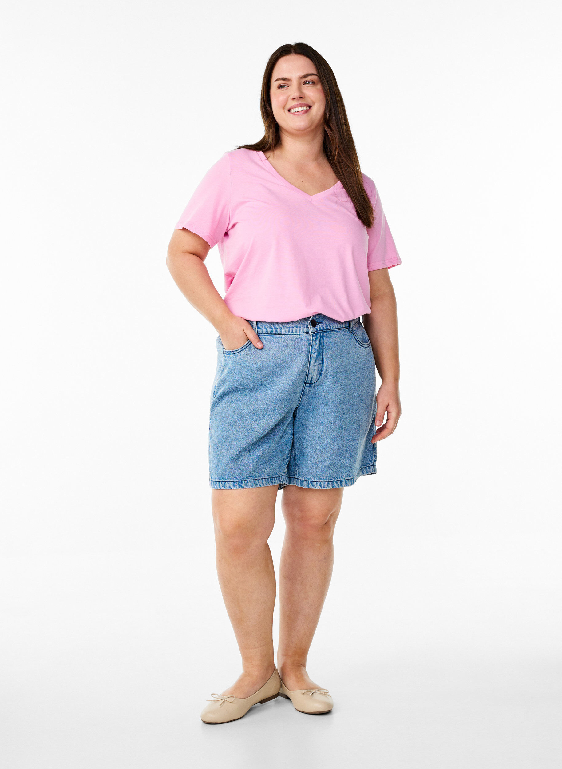 ZizziLyhythihainen T-paita V-p&auml;&auml;ntiell&auml;, Vaaleanpunainen, Model image number 1