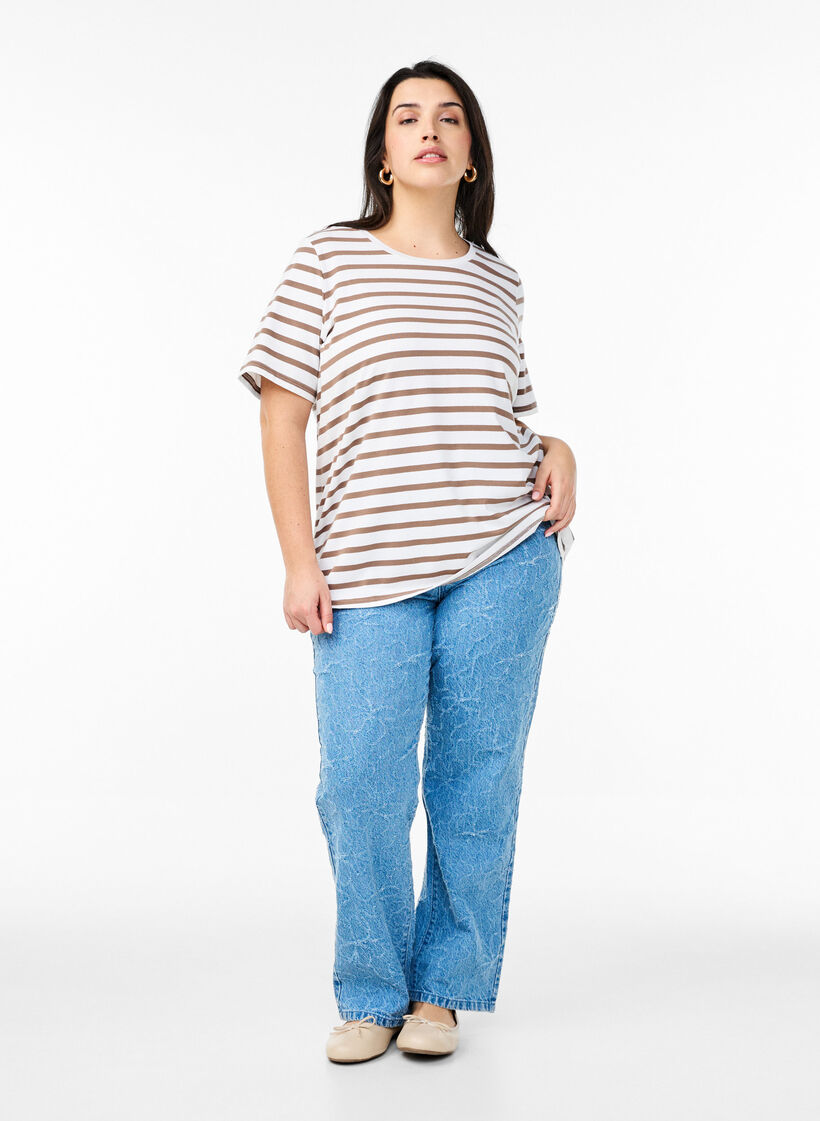 Raidallinen t-paita luomupuuvillaa, Ruskea, Model image number 1