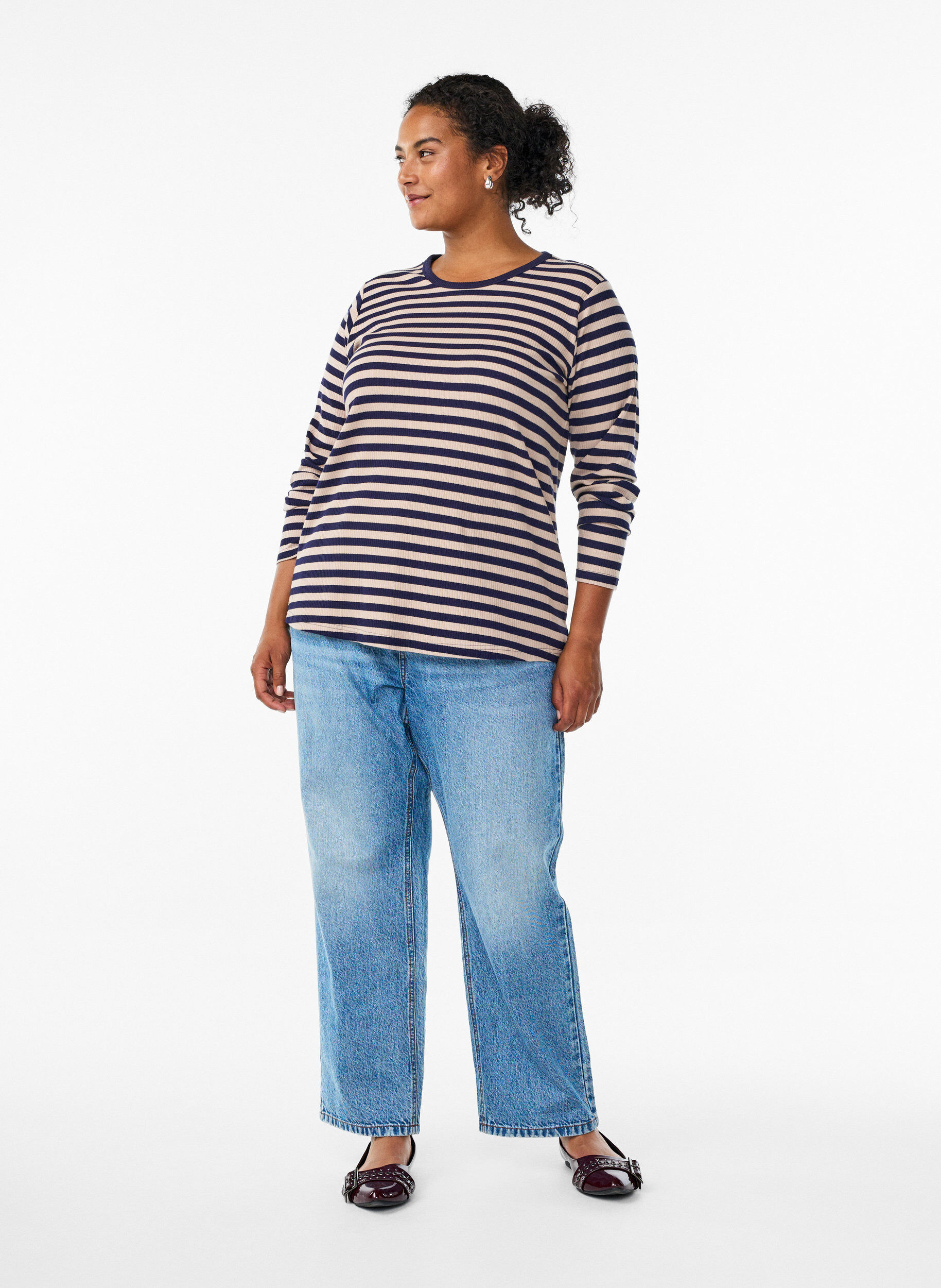 Zizzi Raidallinen pusero pitkill&auml; hihoilla, Beige, Model image number 1