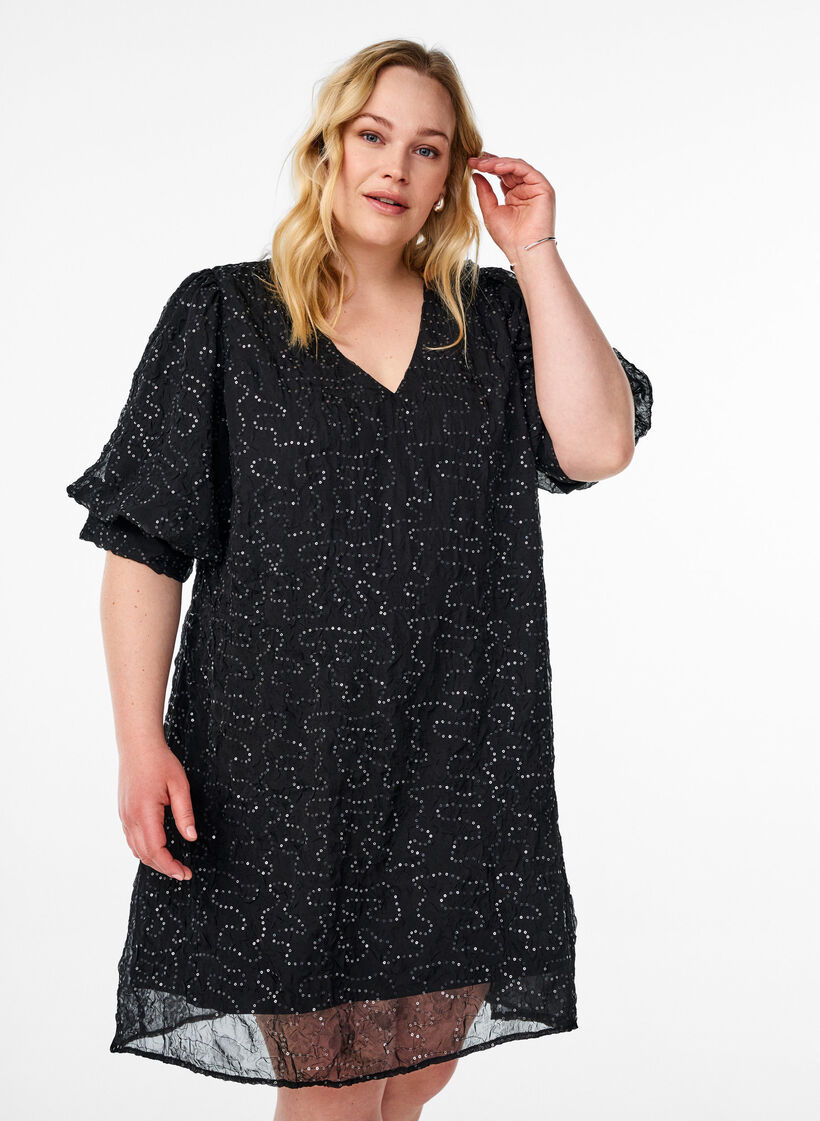 Lyhyt juhlamekko paljeteilla, Musta, Model image number 0