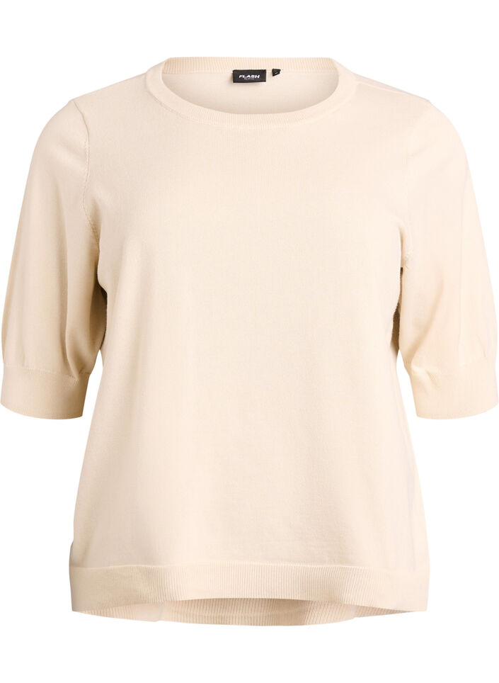 Hienoneulepusero lyhyill&auml; hihoilla, Beige, Packshot image number 0