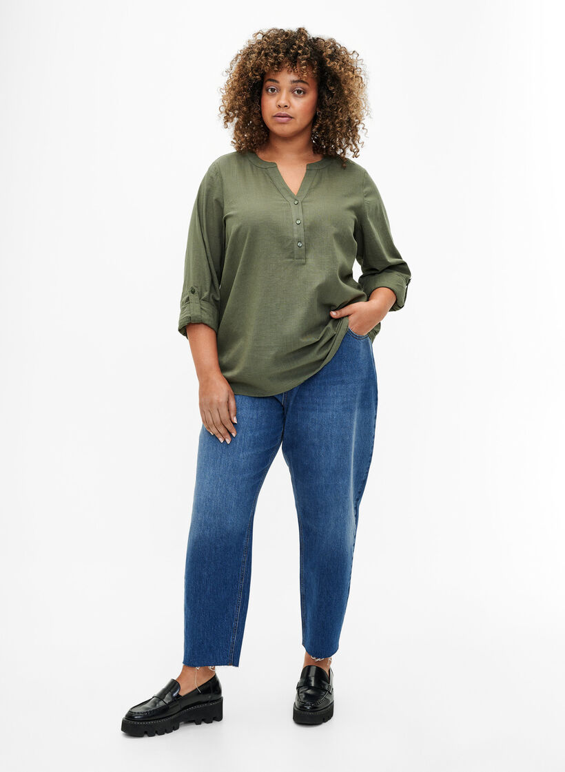 Puuvillainen paitapusero v-aukolla, Thyme, Model image number 2