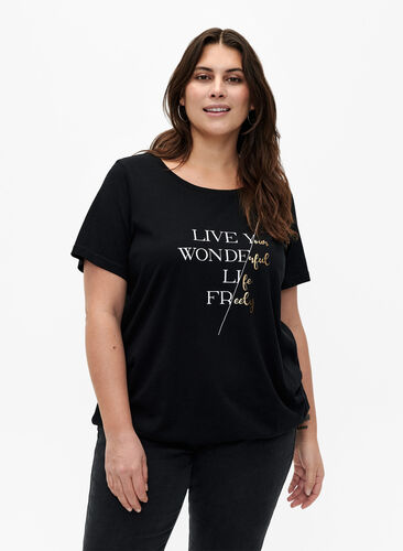 Lyhythihainen puuvillainen t-paita joustoreunuksella , Black w. Live, Model image number 0