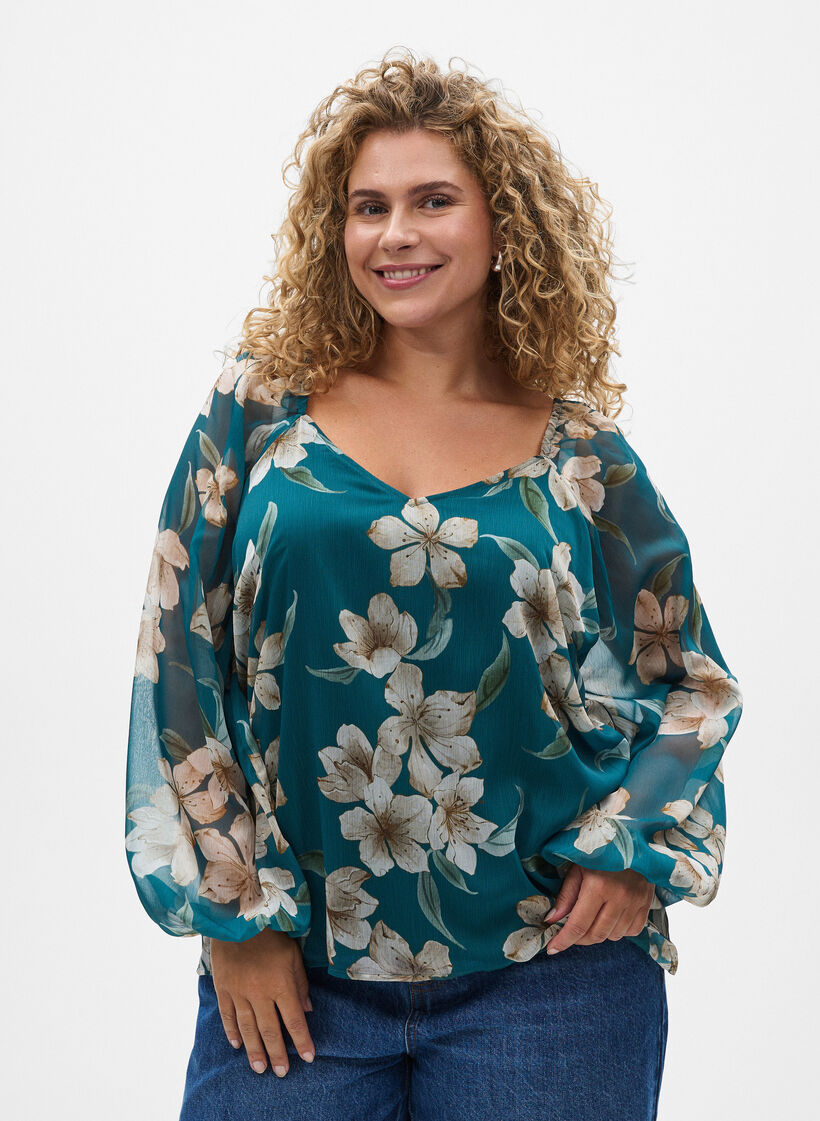 Chiffonpusero kukkakuosilla ja pitkill&auml; hihoilla, Vihre&auml;, Model image number 0
