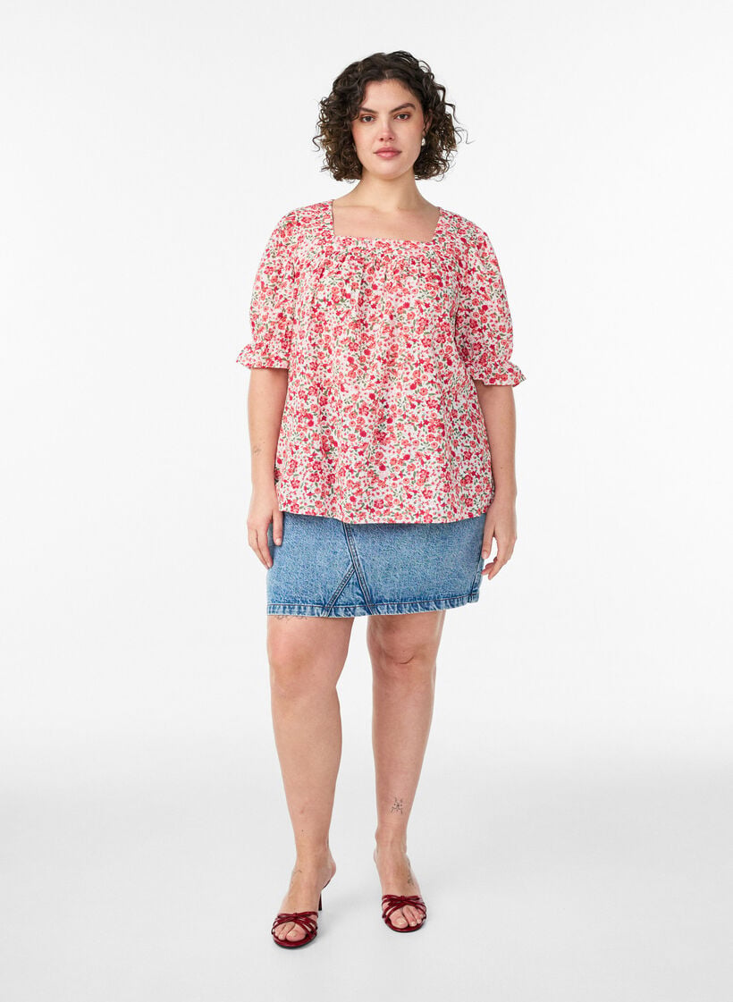 Puuvillapusero neli&ouml;m&auml;isell&auml; p&auml;&auml;ntiell&auml;, Punainen, Model image number 1
