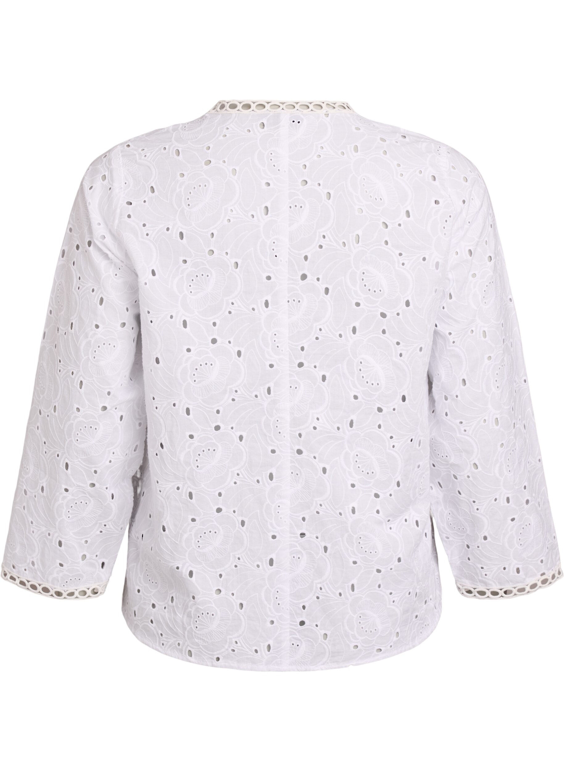 Zizzi Pitk&auml;hihainen puuvillapusero broderie anglaise -yksityiskohdilla, Valkoinen, Packshot image number 1