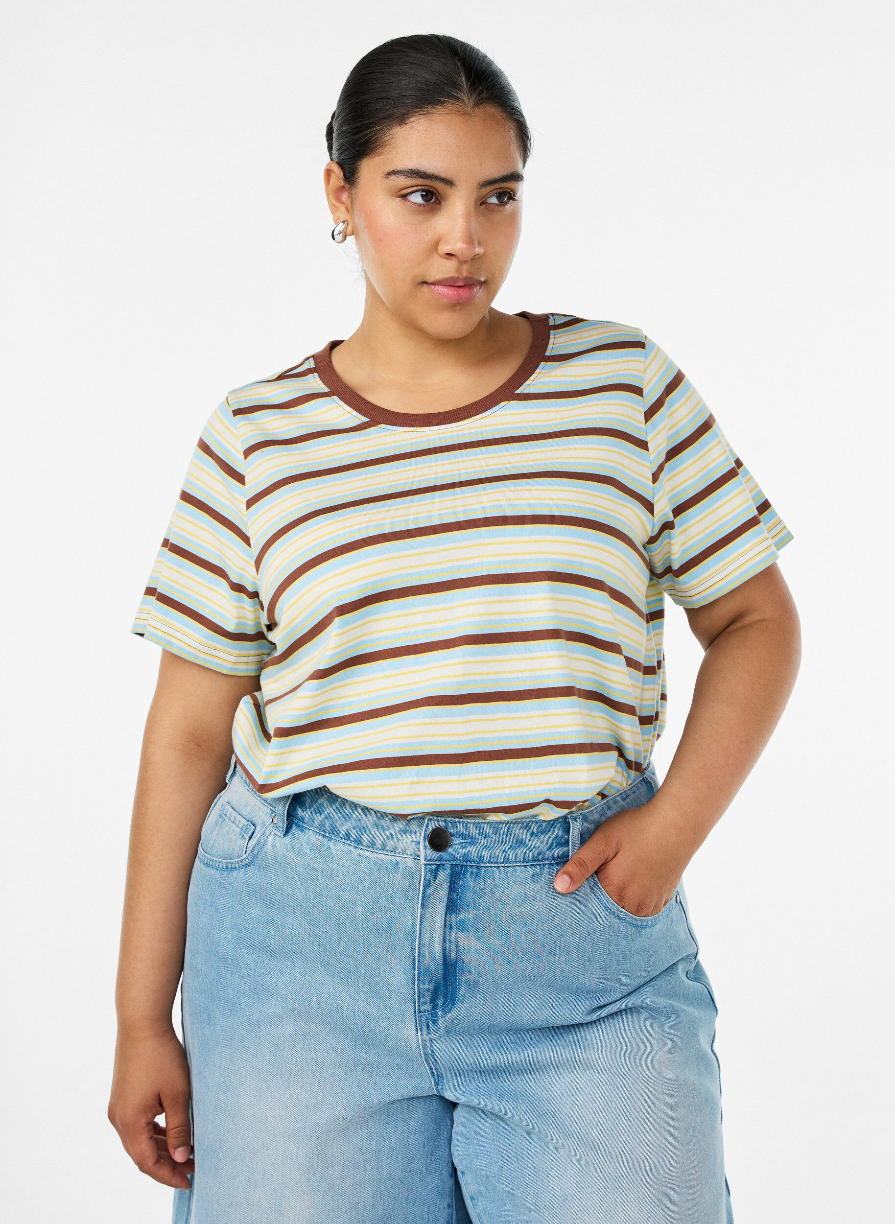 ZizziRaidallinen luomupuuvillainen T-paita, Ruskea, Model image number 0