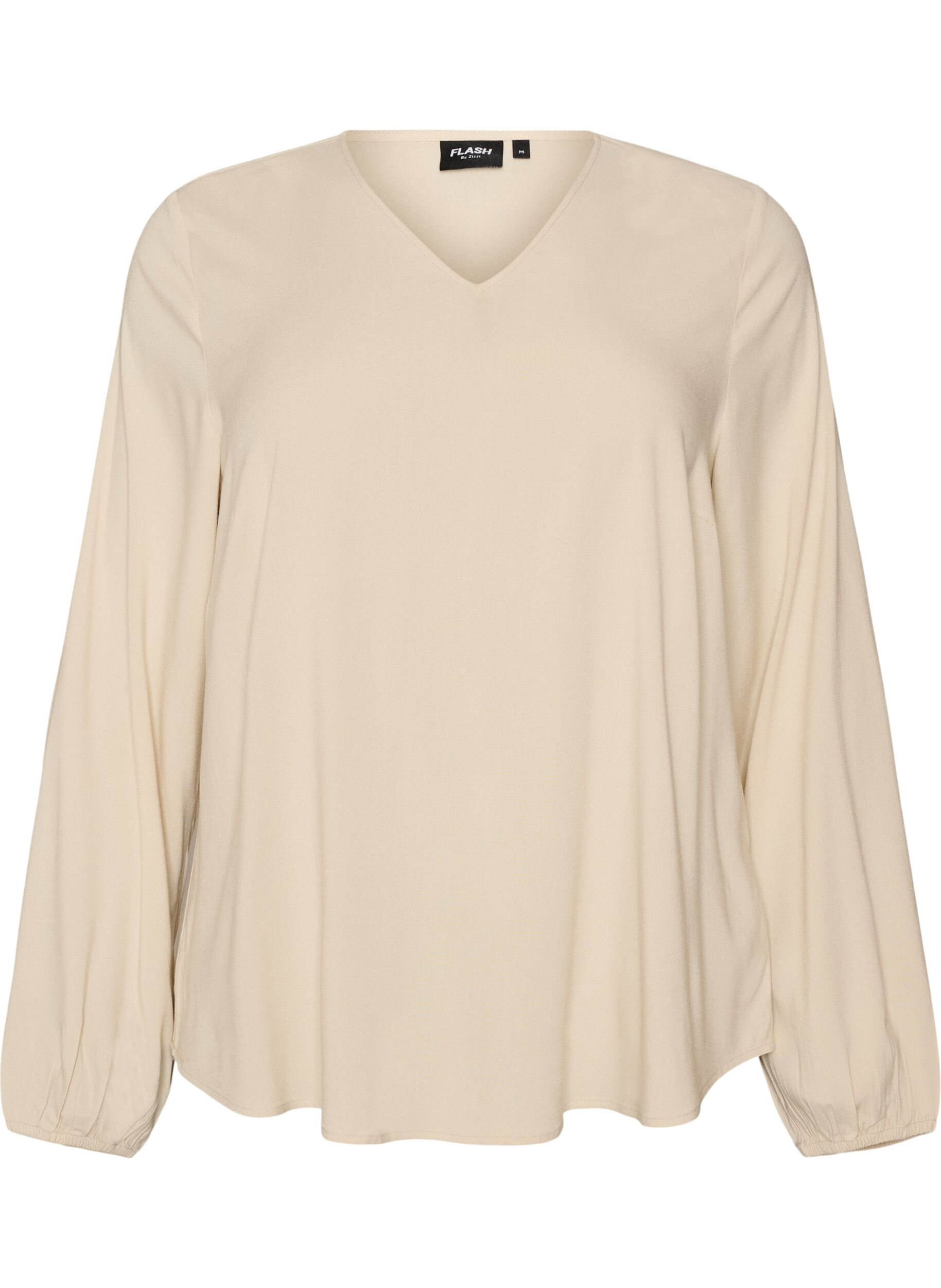 ZizziViskoosipusero V-p&auml;&auml;ntiell&auml; ja py&ouml;ristetyll&auml; helmalla, Beige, Packshot image number 0