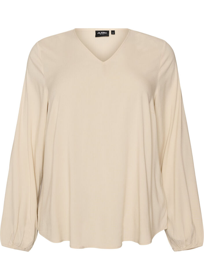 Viskoosipusero V-p&auml;&auml;ntiell&auml; ja py&ouml;ristetyll&auml; helmalla, Beige, Packshot image number 0