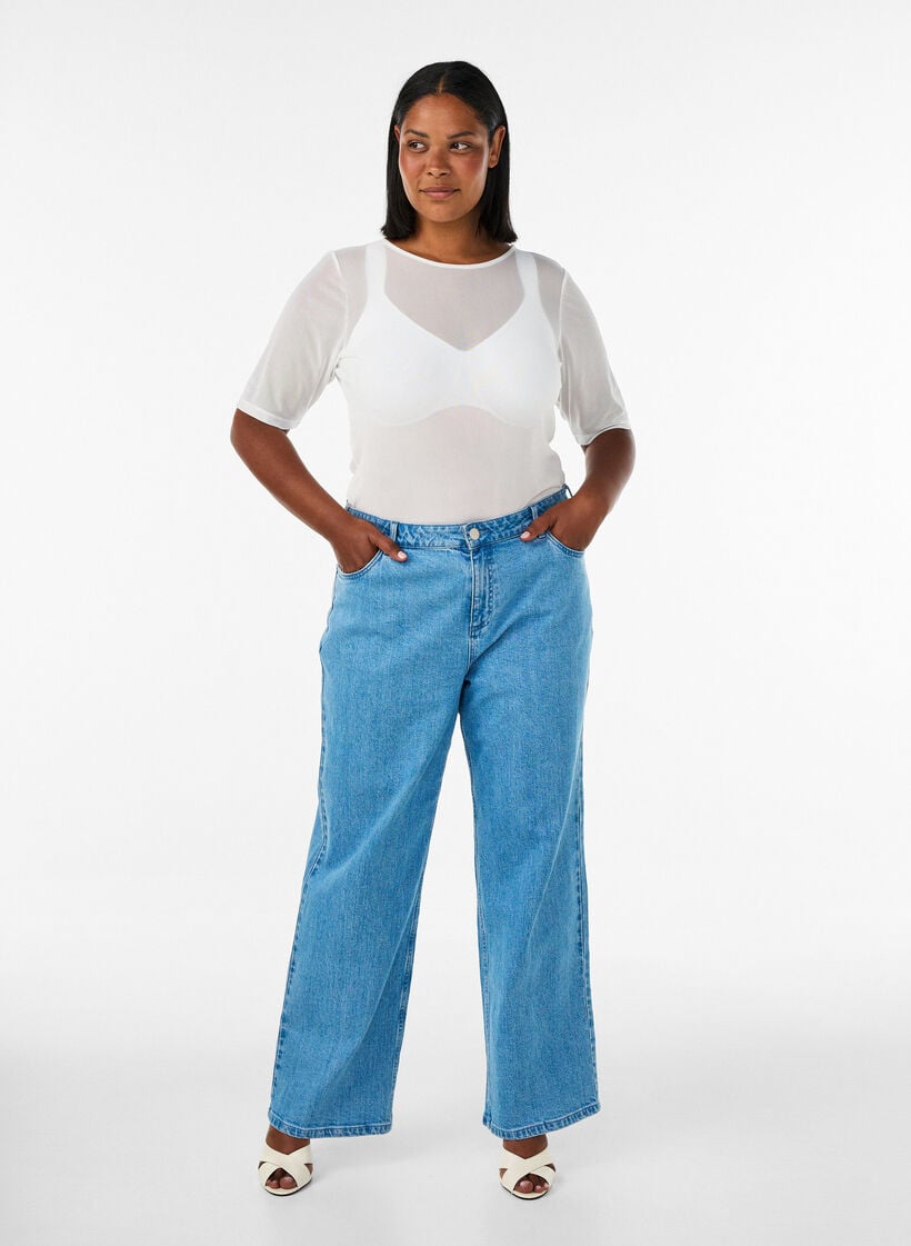 Verkkotoppi lyhyill&auml; hihoilla ja py&ouml;re&auml;ll&auml; p&auml;&auml;ntiell&auml;, Vanilja, Model image number 1