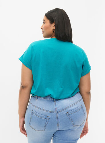Lyhythihainen puuvillasekoitteinen T-paita, Teal Blue, Model image number 1