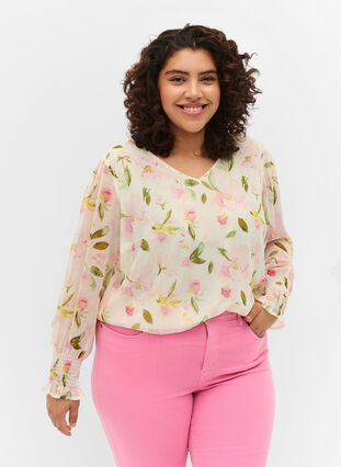 Kuosillinen, v-aukkoinen pusero pitkillä hihoilla, White/Pink Flower, Model image number 0