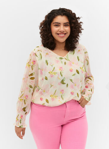 Kuosillinen, v-aukkoinen pusero pitkillä hihoilla, White/Pink Flower, Model image number 0