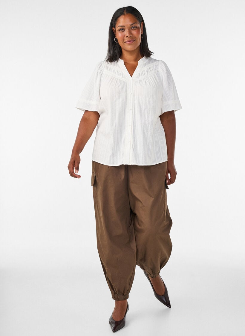 Puuvillapusero koristeellisilla nauhoilla, Vanilja, Model image number 1