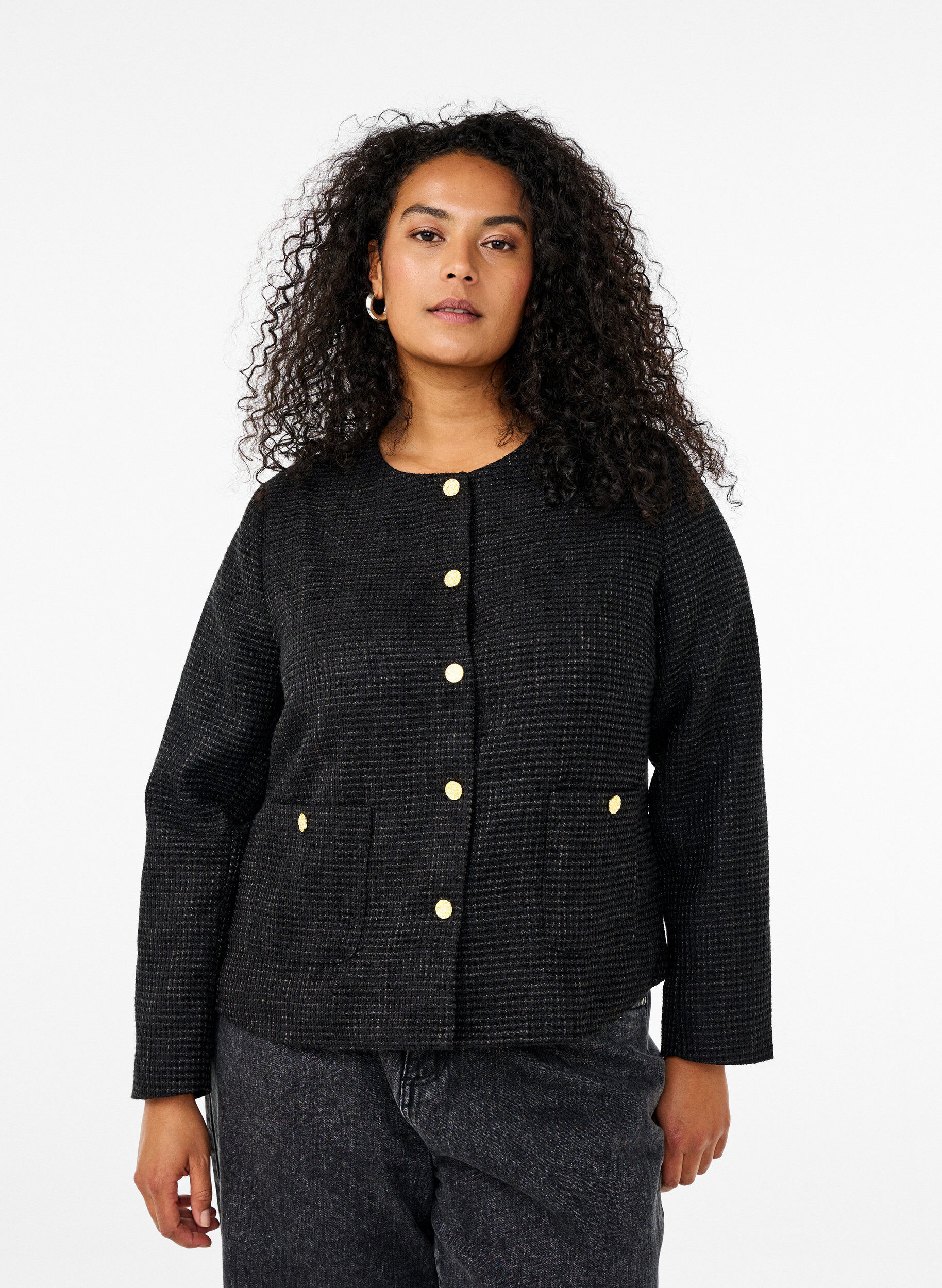 Zizzi Boucle-takki, jossa on taskut ja koristeelliset napit, Black, Model image number 0