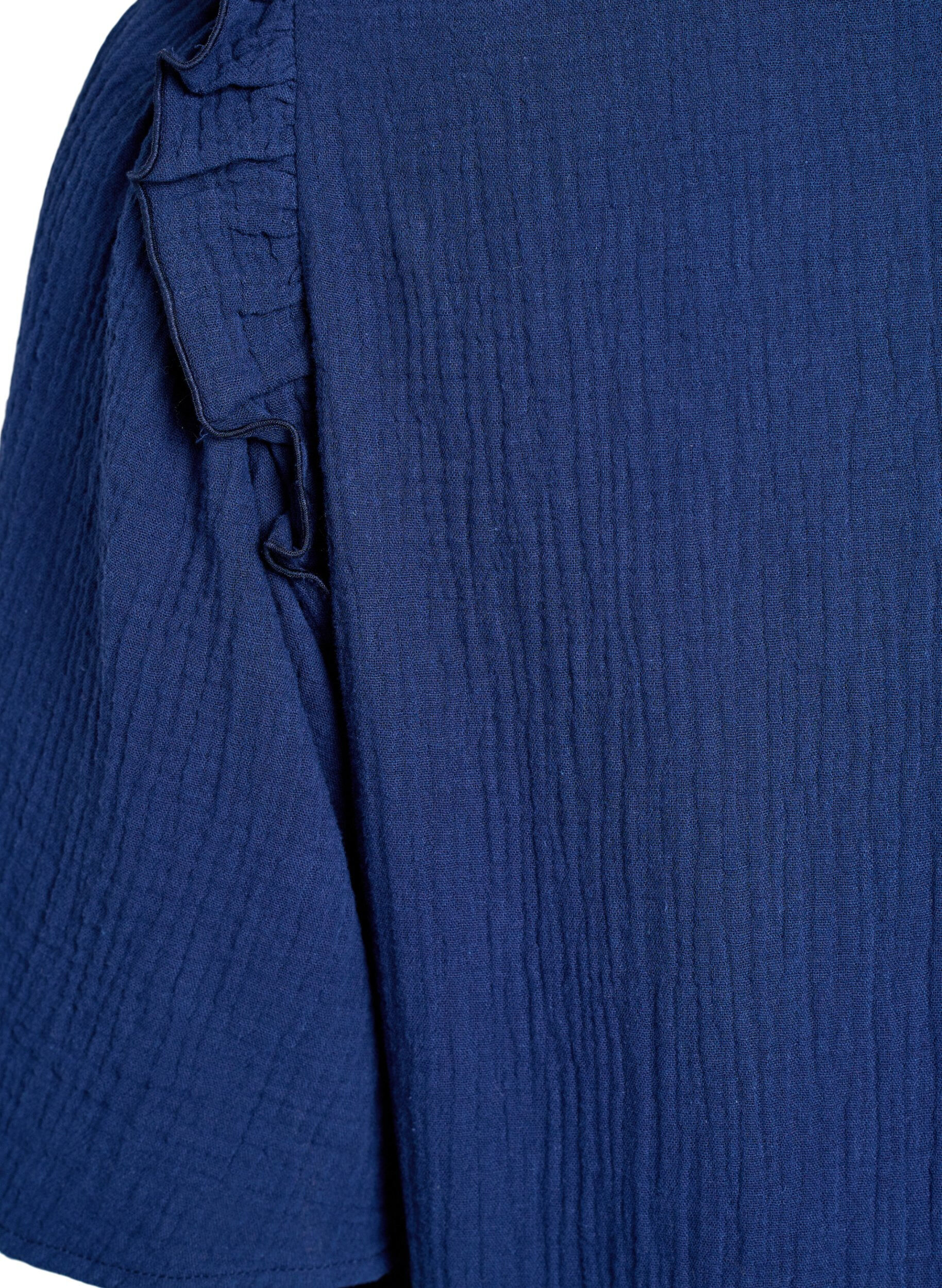 ZizziPuuvillamusliinipusero broderie anglaise -kirjonnalla ja 1/2-hihoilla, Sininen, Packshot image number 3