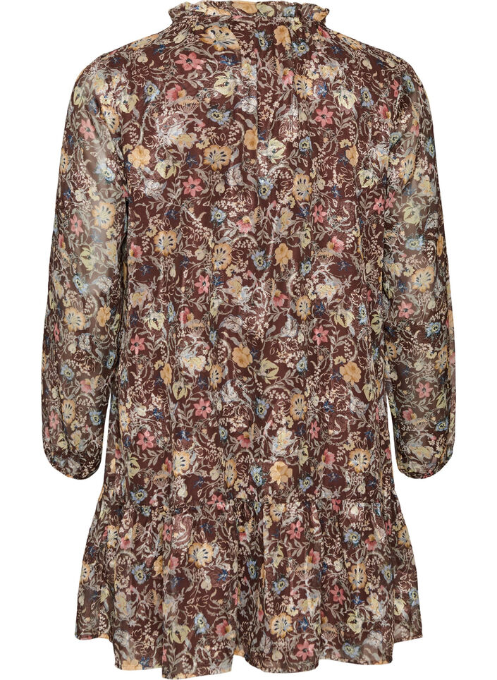 Chiffonimekko kukkakuviolla ja r&ouml;yhel&ouml;kerroksilla, Ruskea, Packshot image number 1
