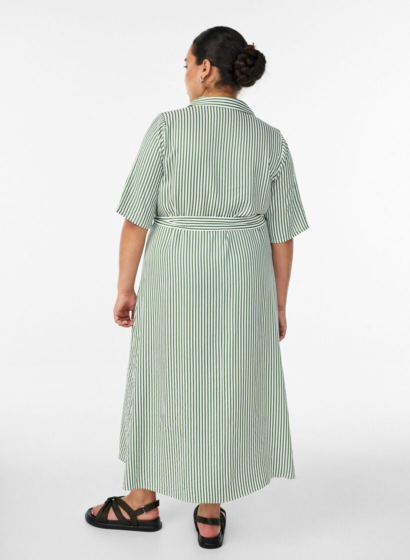 Nilkkapituinen paitamekko, jossa solmittava vy&ouml; ja raitoja, Vihre&auml;, Model image number 1