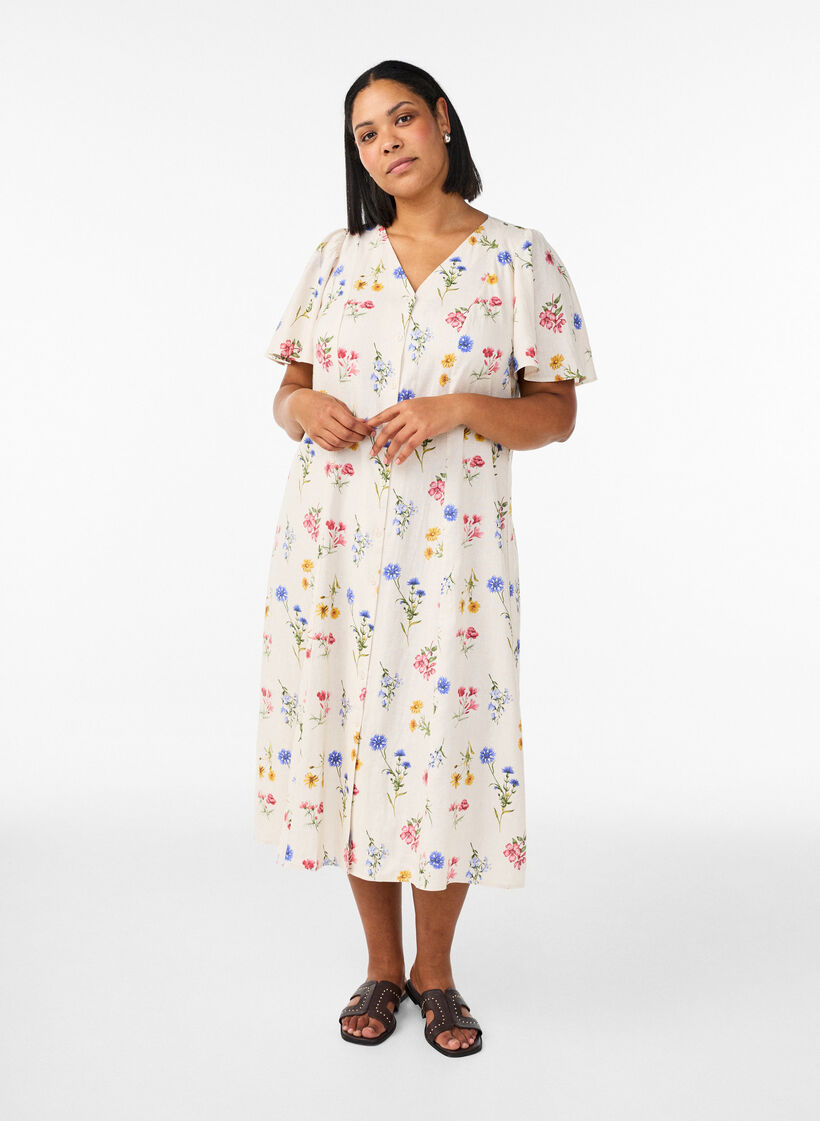 Midimekko pellava- ja viskoosisekoitteesta r&ouml;yhel&ouml;hihoilla, Beige, Model image number 0