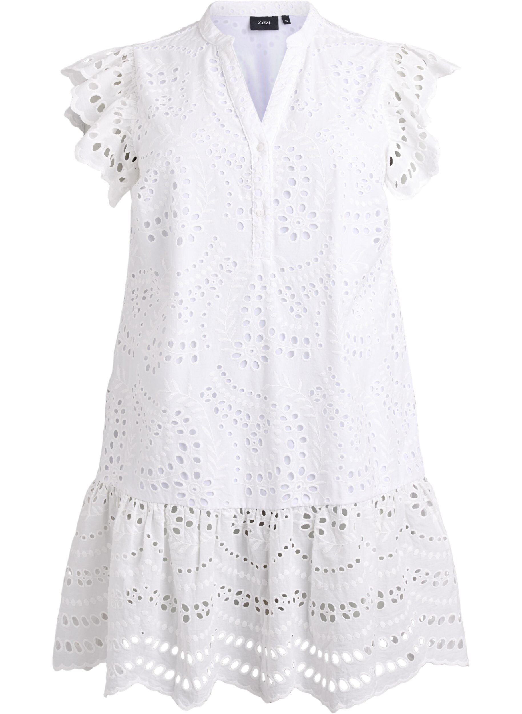 Zizzi Broderie anglaise -mekko r&ouml;yhel&ouml;hihoilla, Valkoinen, Packshot image number 0