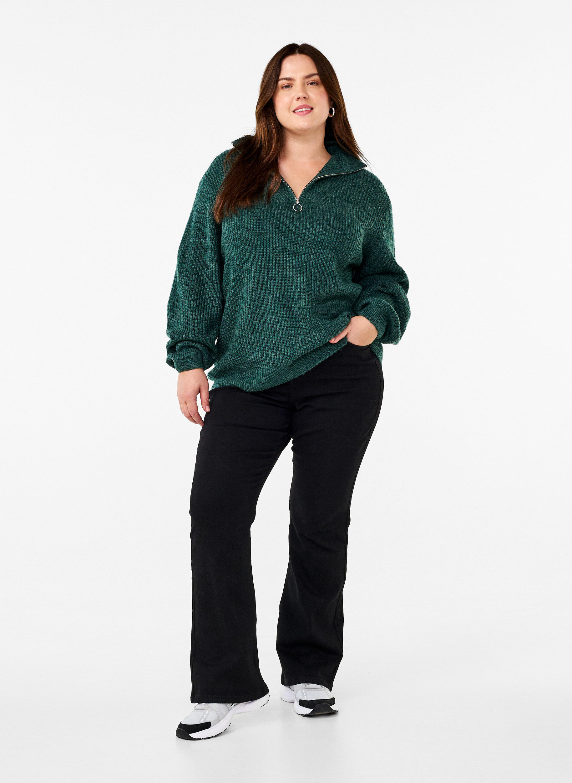 ZizziNeulepusero, jossa korkea kaulus ja vetoketju, Vihre&auml;, Model image number 1