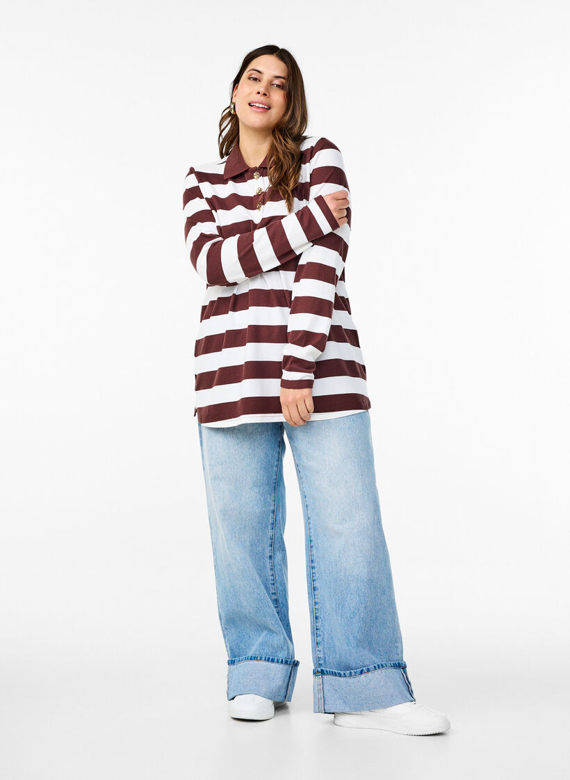 Raidallinen pitkähihainen pikeepaita, Tumma Bordeaux, Model image number 1