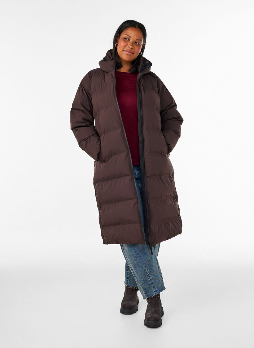 Pitk&auml; toppatakki hupulla, Ruskea, Model image number 1