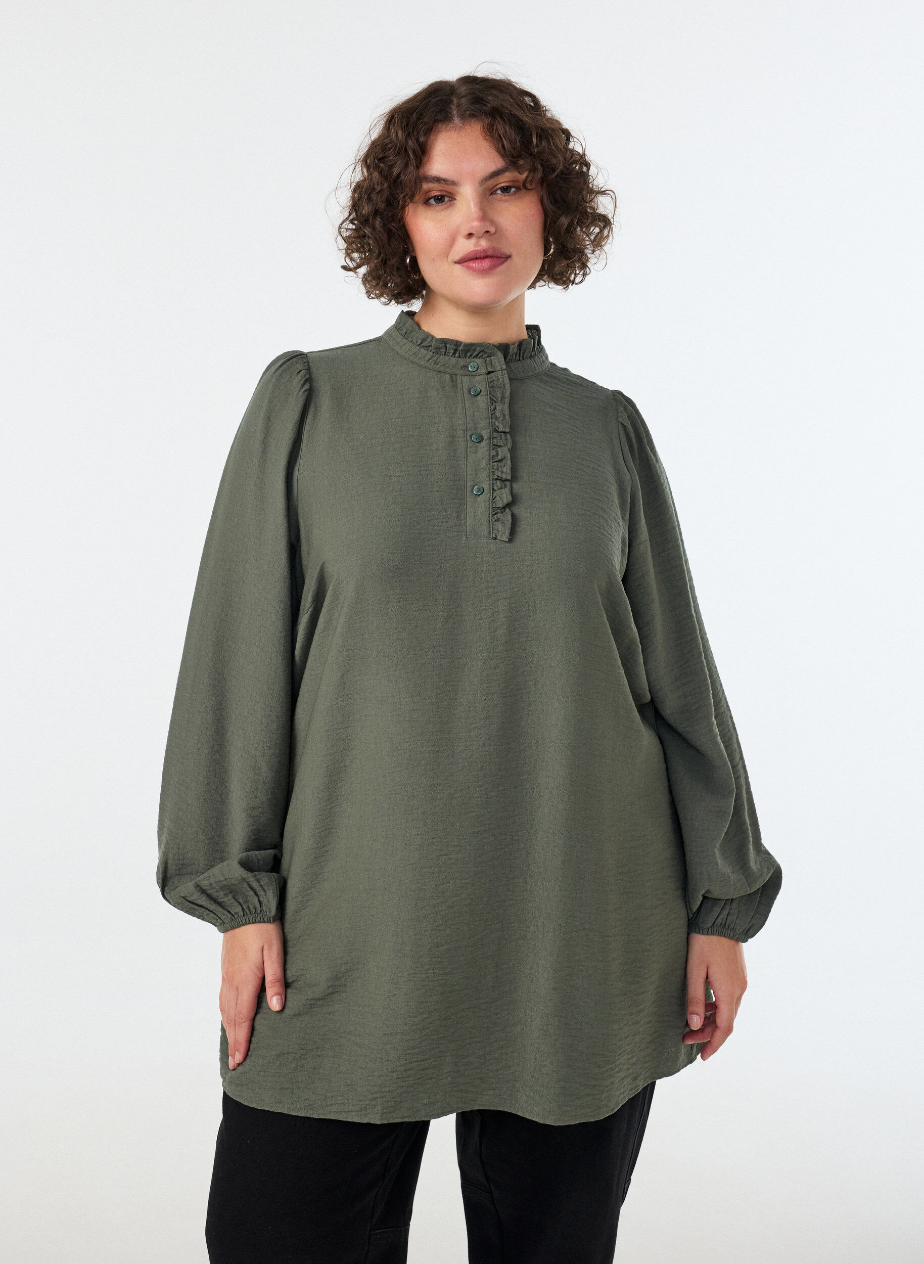 ZizziViskoositunika r&ouml;yhel&ouml;ill&auml; ja napeilla, Vihre&auml;, Model image number 0