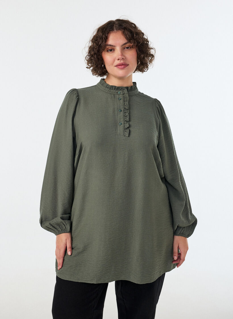 Viskoositunika r&ouml;yhel&ouml;ill&auml; ja napeilla, Vihre&auml;, Model image number 0