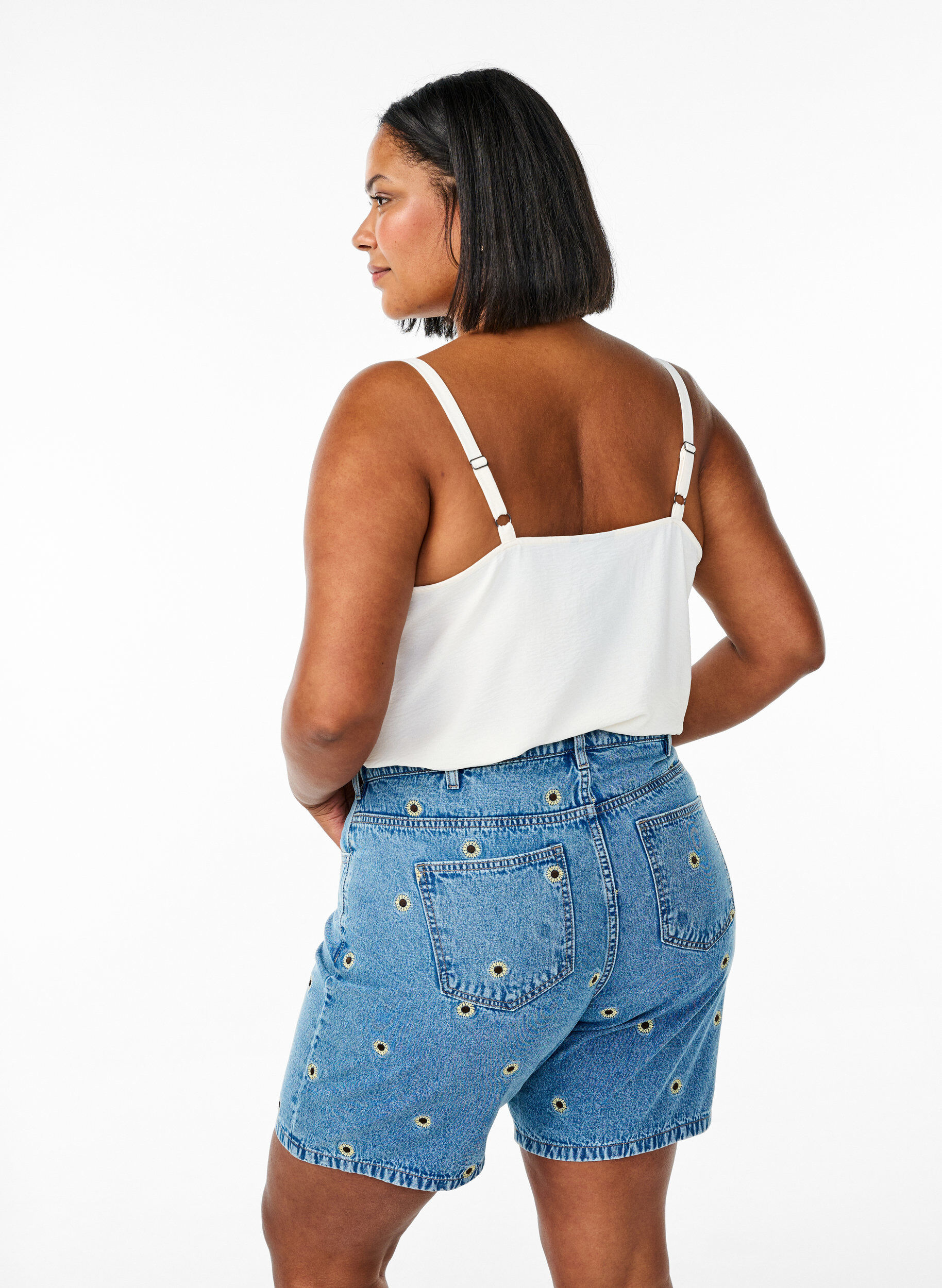 Zizzi Farkkushortsit kirjailluilla kukilla, Sininen, Model image number 1