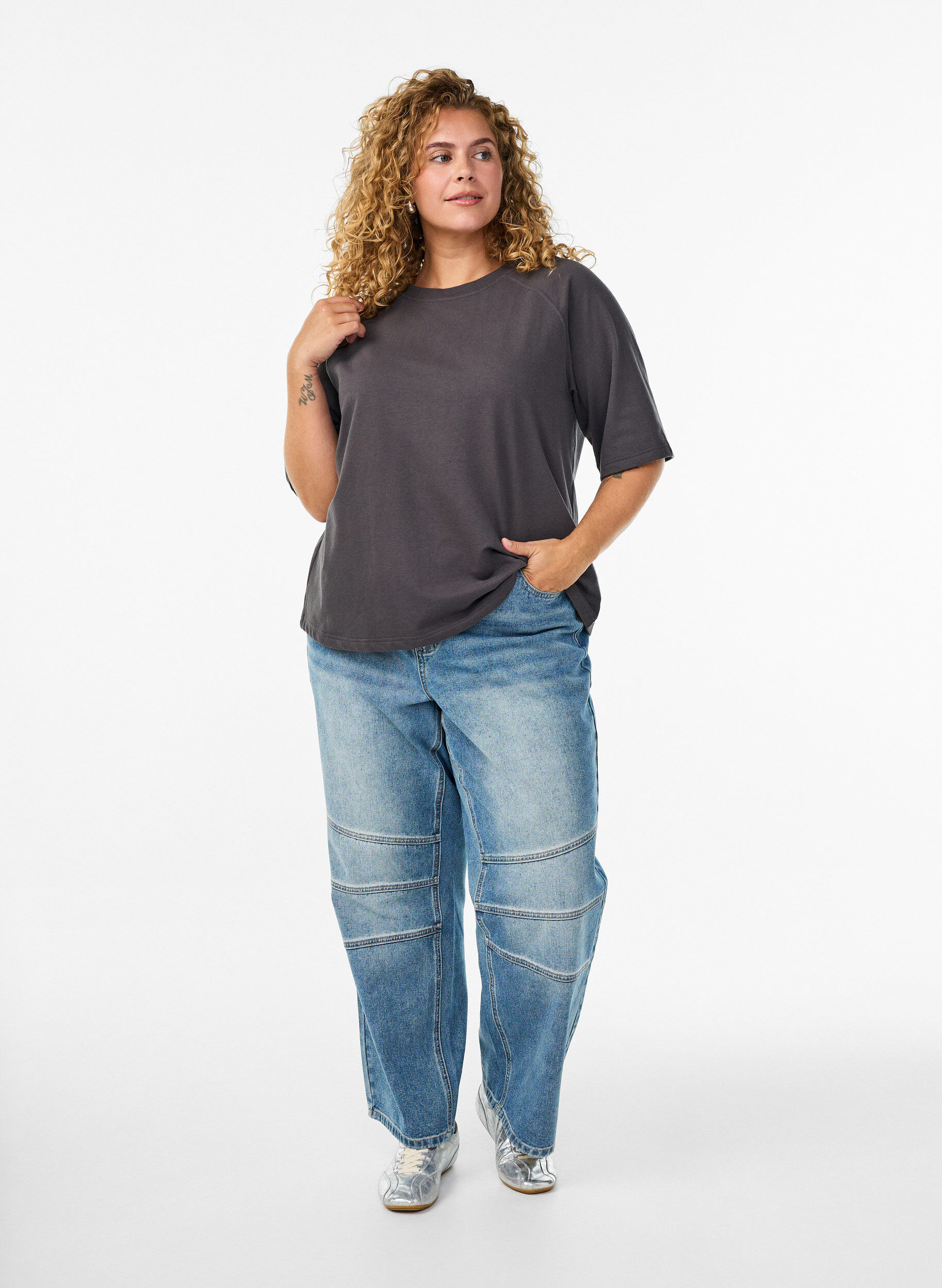 Zizzi Jerseypusero, jossa 1/2 raglanhihat, Harmaa, Model image number 1