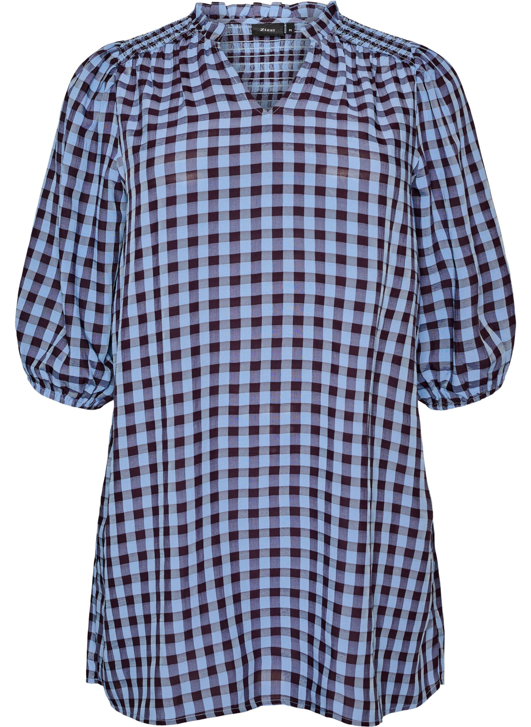 Gingham-ruudullinen tunika r&ouml;yhel&ouml;kauluksella