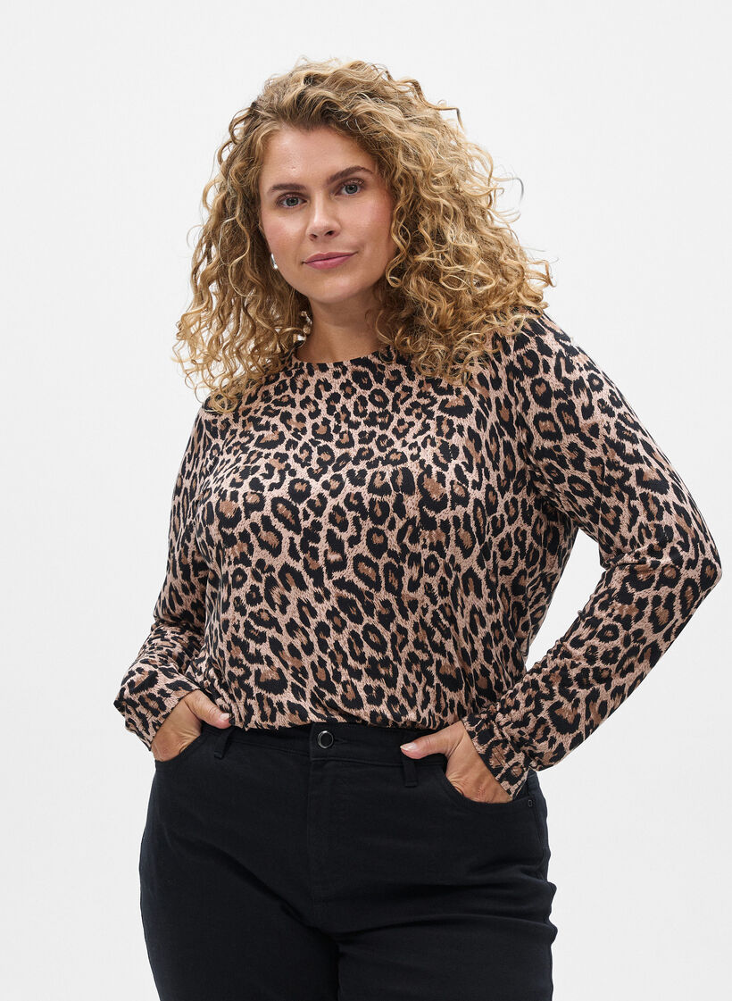 Pitk&auml;hihainen pusero leopardikuosilla, Ruskea, Model image number 0