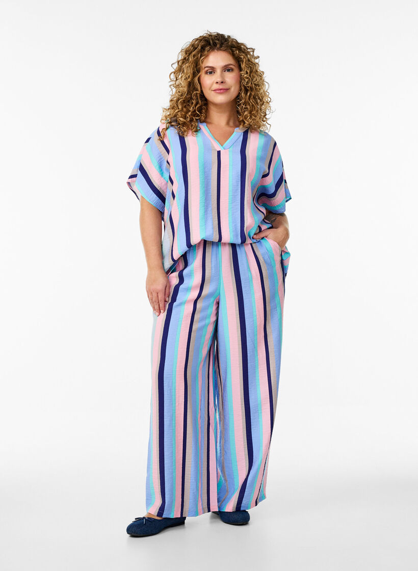 Raidallinen viskoosipusero lyhyill&auml; hihoilla, Sininen, Model image number 1