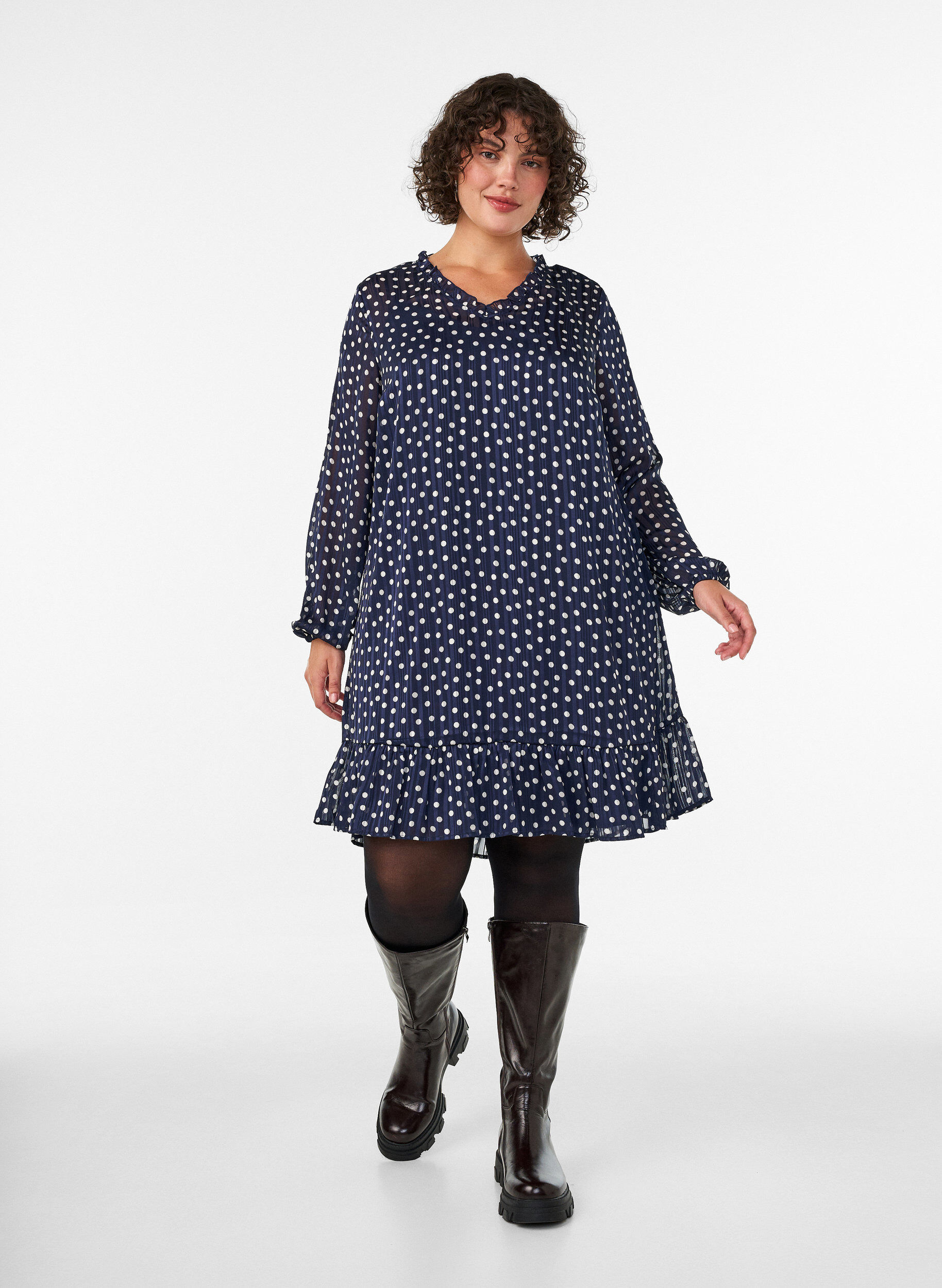 ZizziKuviollinen mekko r&ouml;yhel&ouml;ill&auml; ja pitkill&auml; hihoilla, Sininen, Model image number 1
