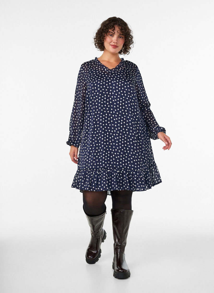 Kuviollinen mekko r&ouml;yhel&ouml;ill&auml; ja pitkill&auml; hihoilla, Sininen, Model image number 1