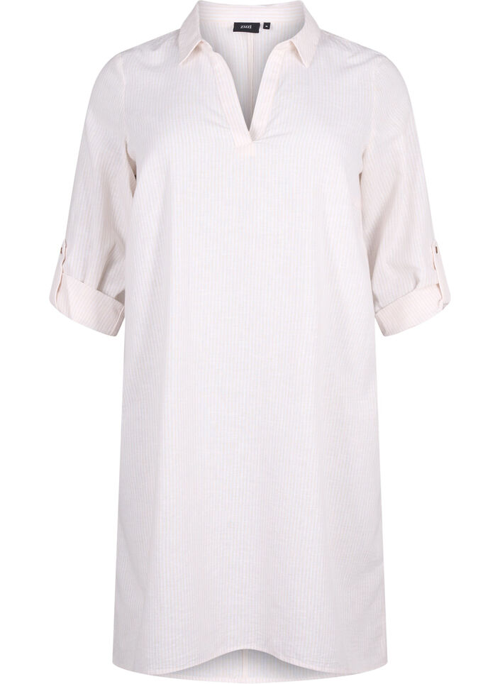 Puuvillasta ja pellavasta valmistettu raidallinen mekko, Sandshell Wh. Stripe, Packshot image number 0